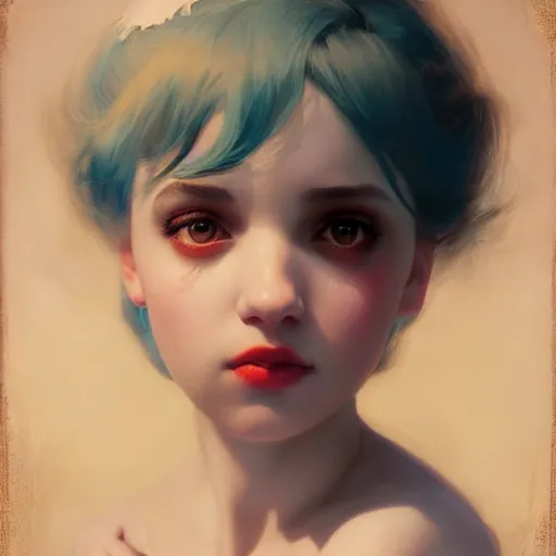 Image similar to melanie martinez, illustrated by greg rutkowski and gaston bussiere, cgsociety contest winner, artstation, portrait image, photorealistic facial features, 4 k, 8 k, volumetric lighting, white backdrop