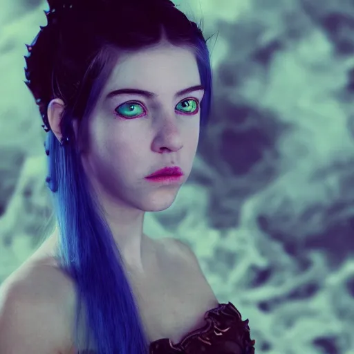 Prompt: portrait of young girl half dragon half human, dragon girl, dragon skin, dragon eyes, dragon crown, blue hair, long hair, highly detailed, cinematic lighting, by Sofia Coppola, by Robert Eggers, by David Lynch