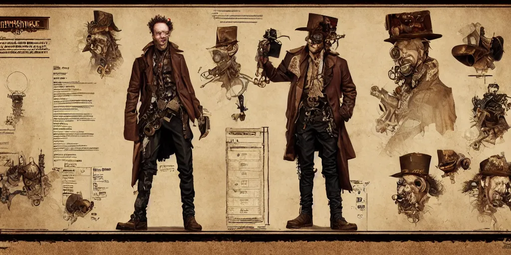 Image similar to steampunk Tom Waits design, character sheet, 3d render, Greg Rutkowski, Zabrocki, Karlkka, Jayison Devadas, Phuoc Quan, trending on Artstation, 8K, ultra wide angle, zenith view, pincushion lens effect