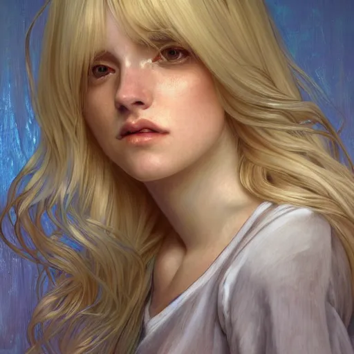 Image similar to A young woman with blonde long hair and bangs in shorts and white shirt drawn by Donato Giancola and Artgerm, Light by Julie Bell, design by alphonse mucha, background by James Jean and gustav klimt and John Marshall Gamble, 4k, volumetric lighting, french nouveau, trending on artstation, octane render, hyperrealistic