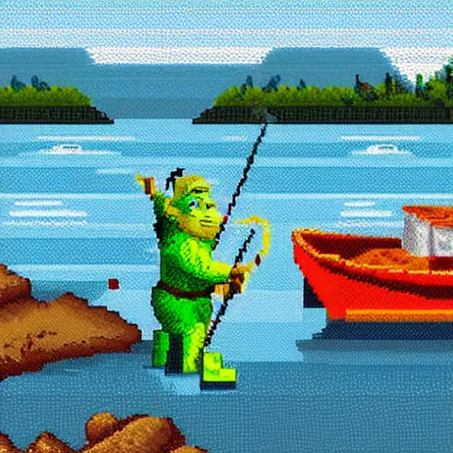 Image similar to 2 5 6 px by 2 5 6 px. expensive pixel work, masterpiece with dithering in the right places, pixel art shrek fishing on a sailboat