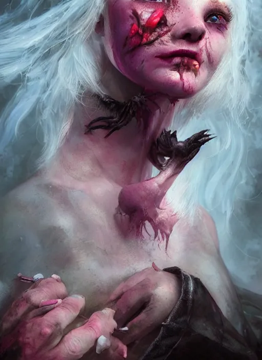 Prompt: portrait of sinister girl with pouty aerochrome lips, skeksis, unforgiving, bandaid on nose, expressive eyes, full body, translucent skin, greg rutkowski, charlie bowater, yuumei, stephen gammell, unreal 5, daz, hyperrealistic, octane render, rpg portrait, dynamic lighting, fantasy art, beautiful face