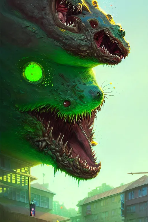 Prompt: a detailed illustration of a giant angry hamster monster attacking a school building, green slime everywhere, intricate, horror, highly detailed, digital painting, trending on artstation, smooth, sharp focus, illustration, art by greg rutkowski, loish, rhads, makoto shinkai and lois van baarle, ilya kuvshinov, rossdraws