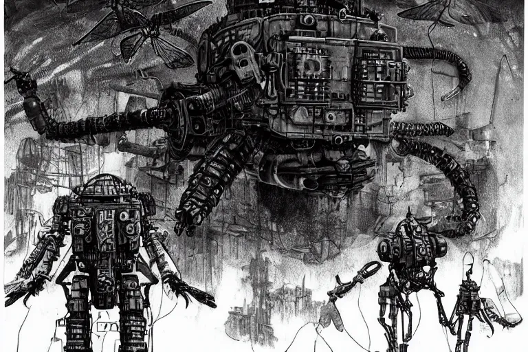 Image similar to dieselpunk mechs in shape of dragonfly that look like Dragonfly, inside an gigantic underground concrete doom hangar, interior structure, drains, storm drains, jungle, vines, algea, cables, panels, walls, ceiling, floor, doors, brutalist architecture, intricate ink drawing, highly detailed in the style of Ashley Wood, moebius and Tsutomu Nihei, photorealistic, cinematic, intricate detail, well lit,