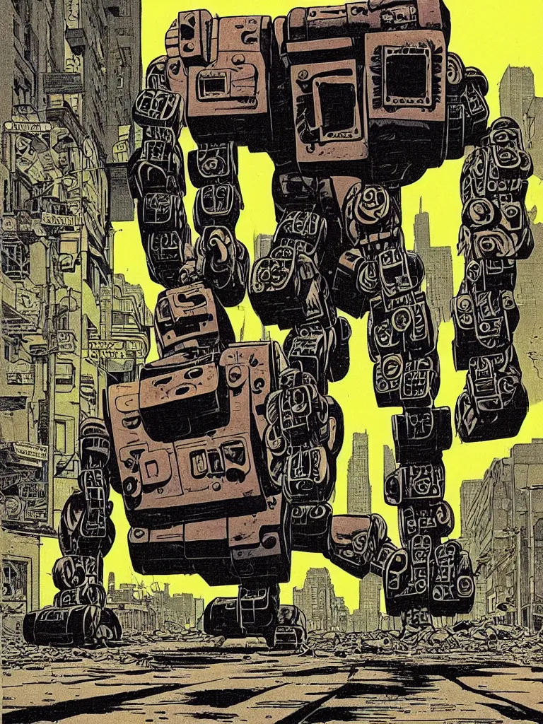 Image similar to an individual Giant wooden robot walking down the street, a crushed car is under the robot’s foot by Richard Corben