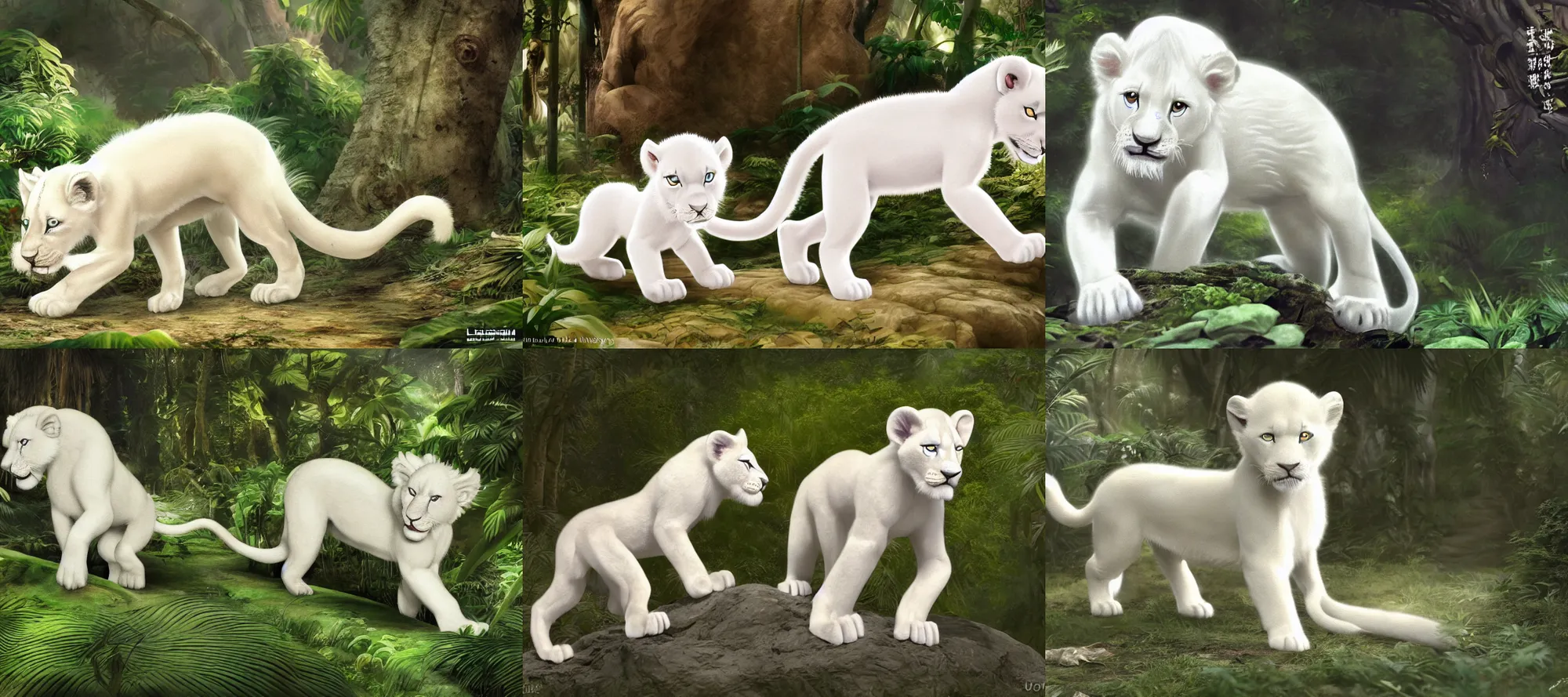 Prompt: a small white lion cub playing in the jungle, manga art, comic book, art by Ozamu Tezuka, Leiji Matsumoto, Tezuka Osamu, Go Nagai, photorealistic 8k, cinematic lighting, HD, high detail, atmospheric, trending on artstation