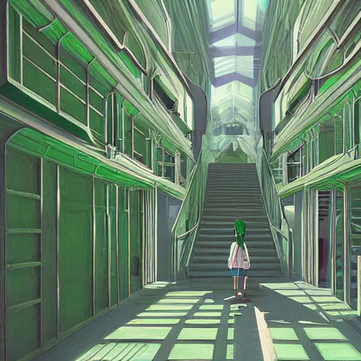 Prompt: a green slimegirl in a bright white hallway with many doors and many stairs, Mc Escher architecture, epic composition, by Makoto Shinkai