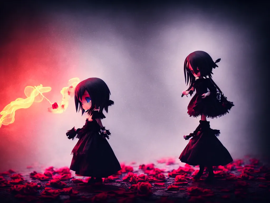 Image similar to cute fumo plush of a gothic maiden girl clutching lots of decayed roses, stale twilight, swirling vortices of emissive smoke and volumetric fog over the river, bokeh, vignette, vray