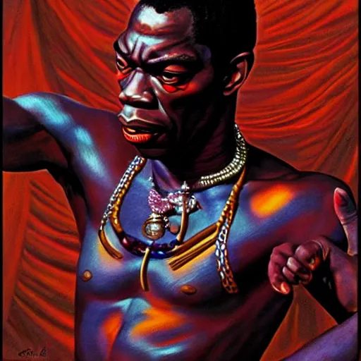 Image similar to fela kuti by clyde caldwell, very detailed, low contrast, dark background, 4 k