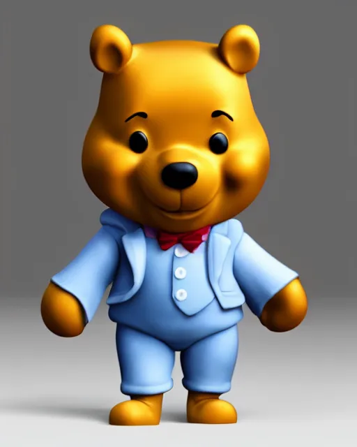 Image similar to full body 3d render of winnie-the-pooh wearing a suit as a funko pop, studio lighting, white background, blender, trending on artstation, 8k, highly detailed