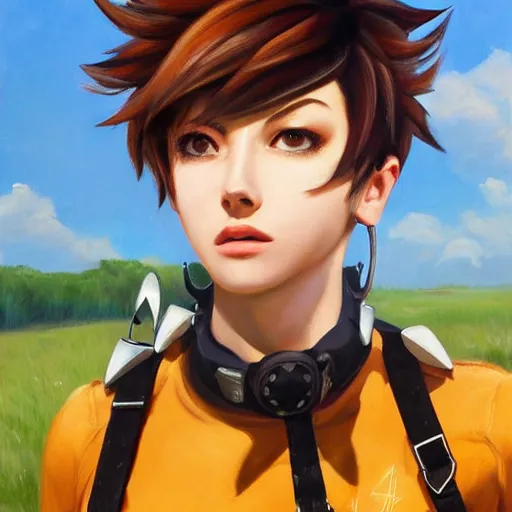 prompthunt: oil painting of tracer overwatch in a field wearing large  leather belt choker around neck, in style of mark arian, expressive face,  detailed face, detailed eyes, full body, feminine face, tracer