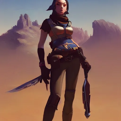 Image similar to very detailed masterpiece painting of ashe from overwatch in a desert, portrait, artstation, concept art by greg rutkowski