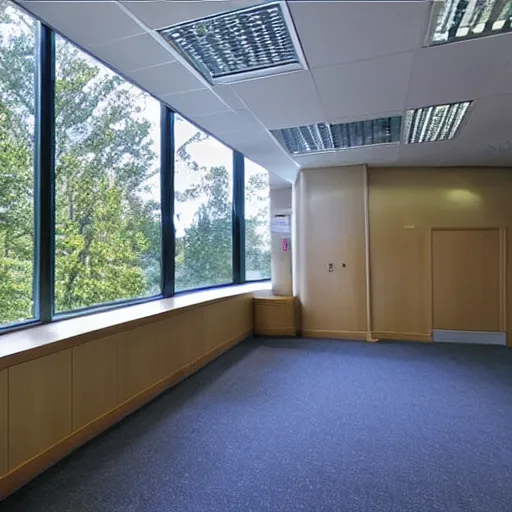 Image similar to corporate office building mailroom, large floor to ceiling windows, view of a beautiful unspoiled woodland