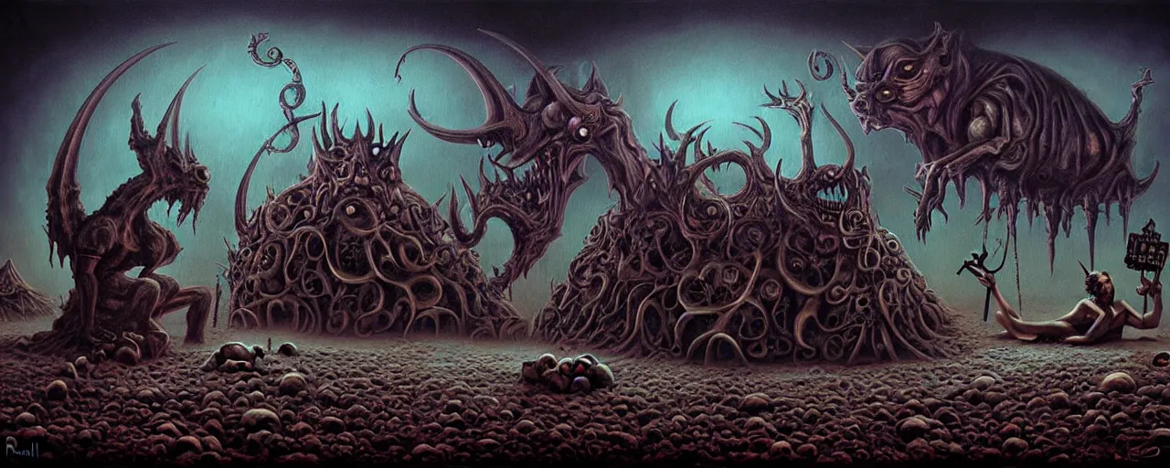 Image similar to wasteland of the unconscious imaginal realms with whimsical demons, dark surrealist painting by ronny khalil