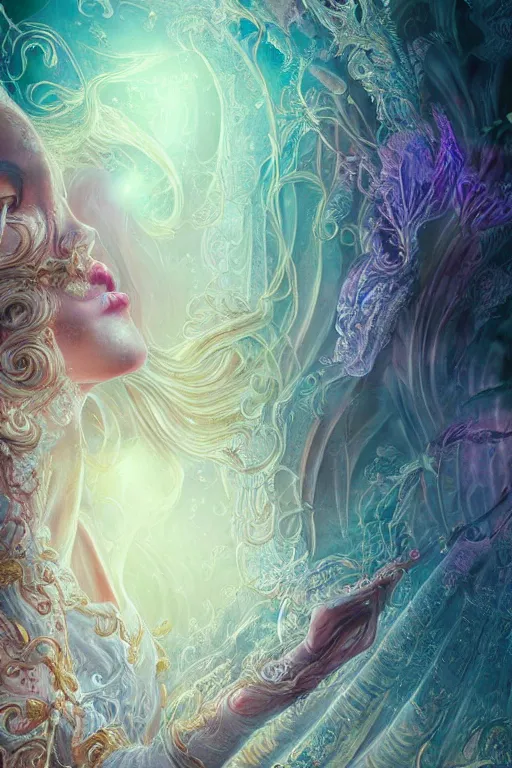 Image similar to elaborately hyperdetailed illustration of an extremely beautiful regal witch, eerie mist and ethereal pink bubbles, Aetherpunk, atmospheric lighting, high fantasy professionally painted digital art painting, smooth, sharp focus, highly detailed illustration highlights, backlight, golden ratio, 8K detail post-processing, symmetrical facial features, rich deep moody colors, award winning picture, Daily Deviation on DeviantArt, trending on cgsociety, featured on ArtstationHQ, very coherent symmetrical artwork, concept art