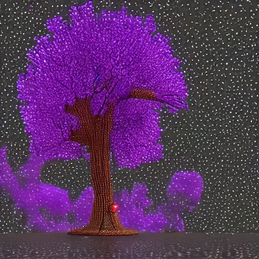 Image similar to a purple tree with a lot of beads on it, a computer rendering by benoit b. mandelbrot, featured on zbrush central, generative art, made of beads and yarn, rendered in cinema 4 d, lovecraftian