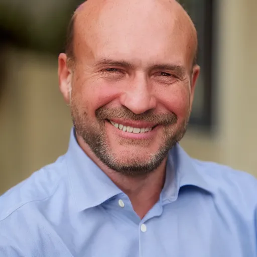 Image similar to color photograph of a balding, middle aged, brown haired, hairy, blue eyed, round faced, short white man dressed in a white shirt, smiling at the camera with perfect, straight white teeth