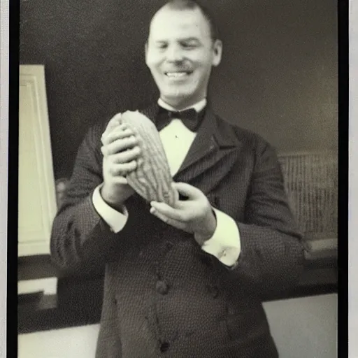 Prompt: a dapper man posing excitedly with a giant pickle Polaroid