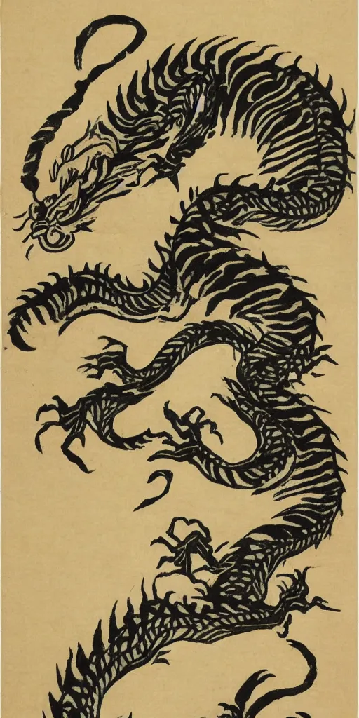 Prompt: japanese woodblock style paper scroll of a tiger transforming into a dragon