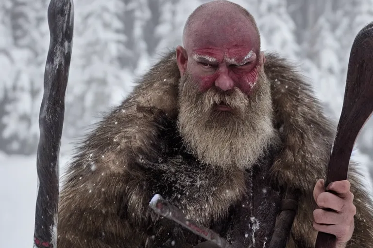 Prompt: vfx movie tough bald man in furs, natural grizzled skin, streaks of red face paint grey beard, holding two detailed viking axes, in snowy tahoe by emmanuel lubezki