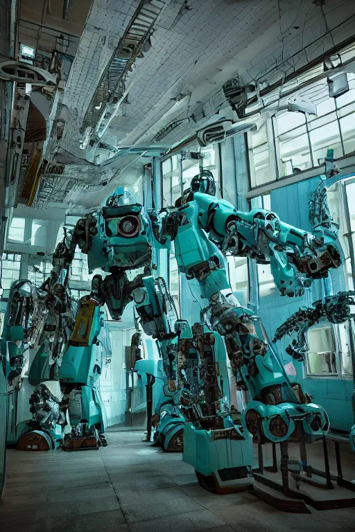Prompt: interior of frightening and old robotic medical facility, mecha, teal, highly detailed, low light, horror theme