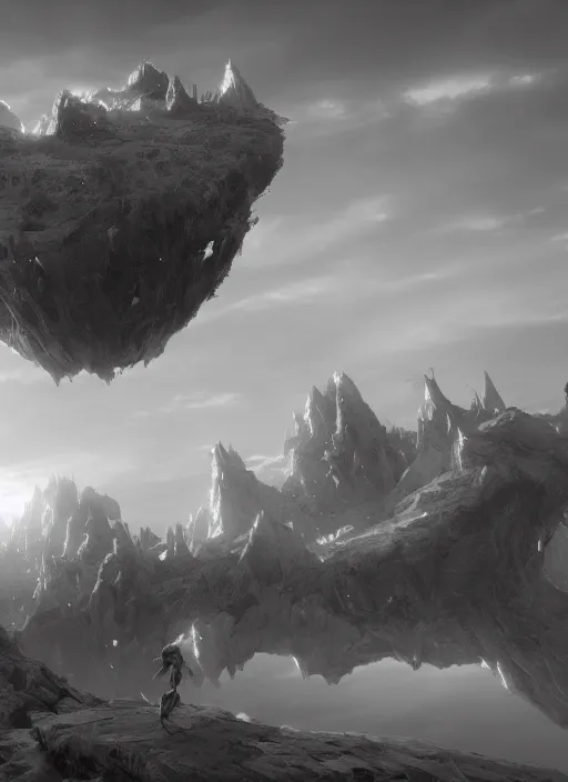 Prompt: An epic fantasy comic book style landscapes of floating islands in space, grayscale, fisheye lens, unreal 5, DAZ, octane render, cosplay, RPG portrait, dynamic lighting