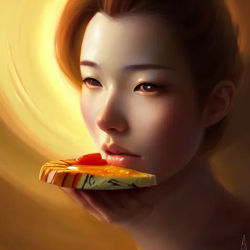 Prompt: a beautiful portrait painting of a gouda cheese wheel by shinji aramaki, charlie bowater, ross tran, artgerm, and makoto shinkai