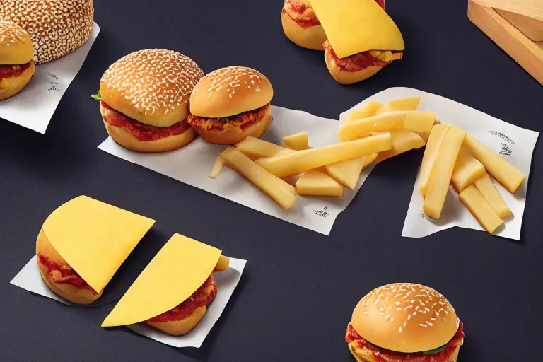 Prompt: mcdonalds fifty cheese slices between two sesame seed buns, commercial photograph