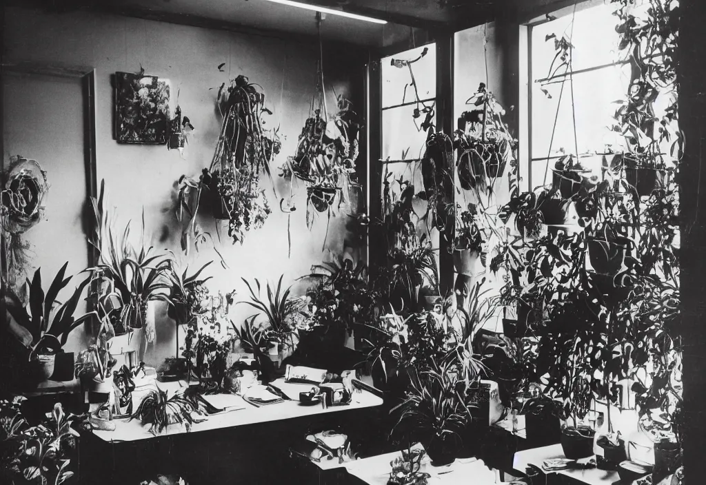 Prompt: 1970s interior magazine photo of a witchcore office with candles, wooden walls with framed occult art, and a potted cactus and some hanging plants, with natural dappled light coming in through a circular window, in an attic