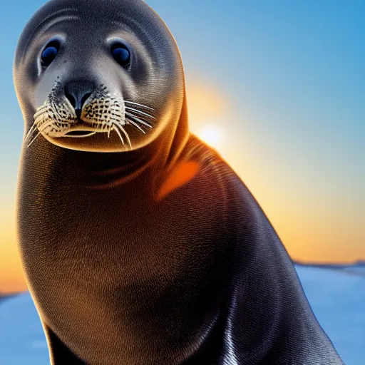 Image similar to arctic seal staring into the eyes of a beautiful man with brown curly hair, high cheek bones, small nose and blue eyes, golden sunset in the background, side profile view, high detail, cinematic, digital art