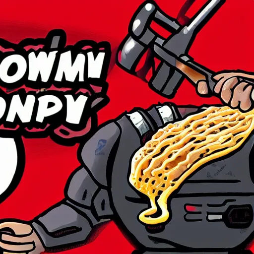 Image similar to doom guy eating a bowl of ramen while firing a shotgun