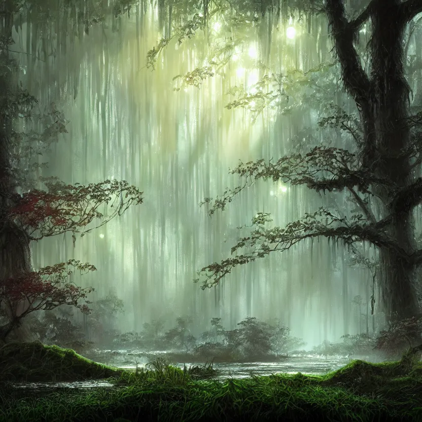 Prompt: a wet swamp with overhanging trees, dark colors, glowing plants, mushrooms!, misty background, light rays, beautiful lighting, vivid colors, intricate, elegant, smooth, sharp focus, highly detailed digital painting, concept art, cinematic, unreal engine, 4 k wallpaper, trending on cgsociety, trending on artstation