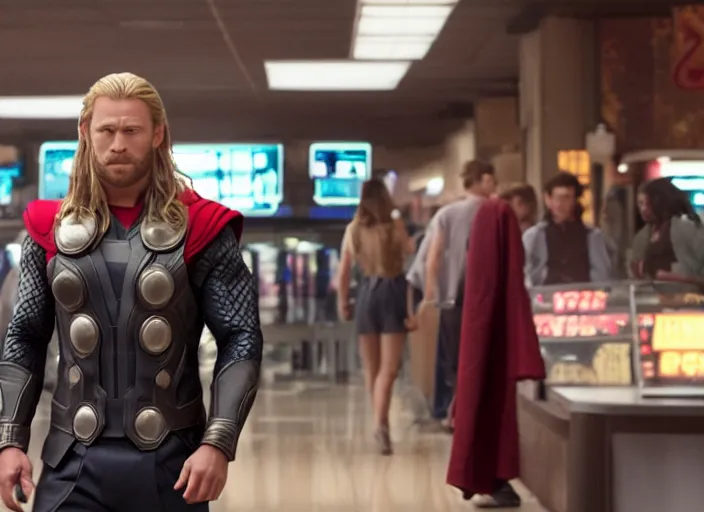 Image similar to film still of Thor working at the shoe counter in a bowling alley in the new Avengers movie, 4k