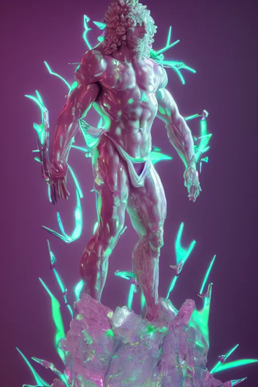 Image similar to photo of fullbody rococo and cyberpunk delicate neon crystalline sculpture of a hulking herculean muscular onyx albino marble prince jesus christ as an mint iridescent humanoid deity, crown of thorns, cinematic lighting, photorealistic, octane render, 8 k, depth of field, 3 d