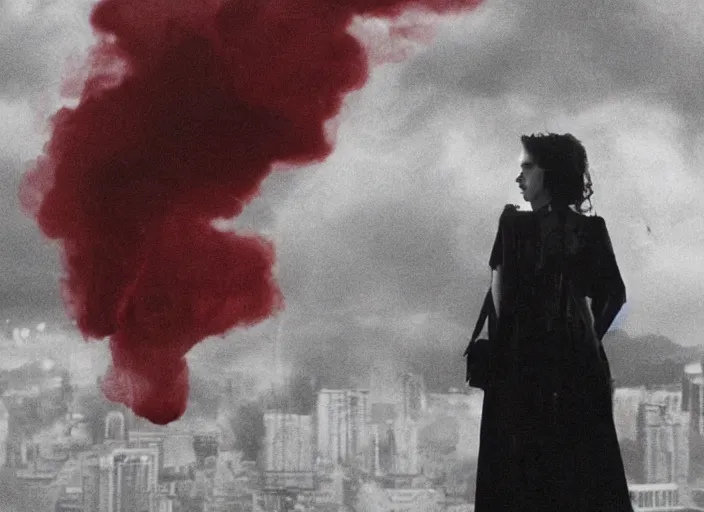 Image similar to mysterious sad rotten girl wrapped in smoke and a red dress is observing a big industrial city metropoli in the distance, cloudy sky, requiem for a dream