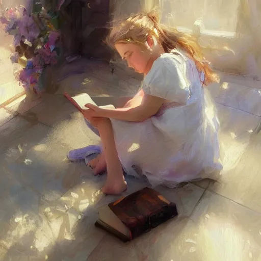 Prompt: young girl reading a book, highly detailed, digital painting, artstation, concept art, art by Daniel F. Gerhartz