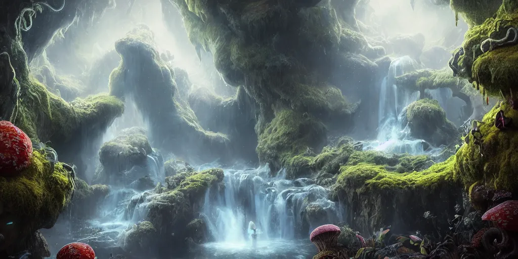 Image similar to tom bagshaw, mythical gigantic space cavern, soft painting 3 d render curiosities carnival pond vegetation rocks mushrooms and tentacles covered moss, luminescent wisps, stunning waterfall, accurate features, focus, very intricate ultrafine details, random volumetric lighting, fog, award winning masterpiece, octane render 8 k hd, artstation