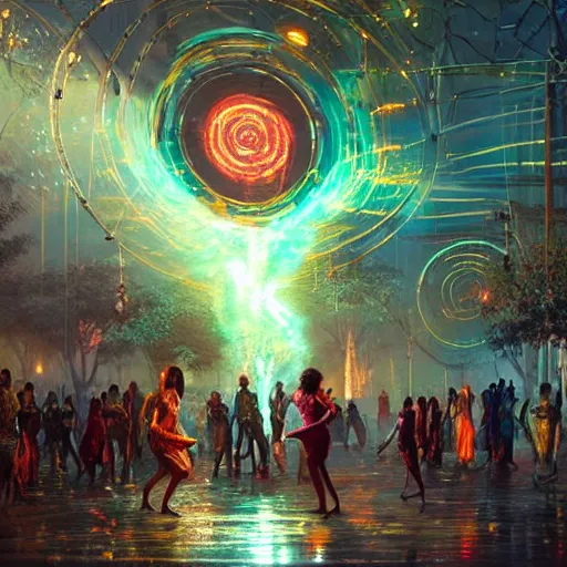 Prompt: african women dancing around a glowing, energized, steampunk neon portal near the electric tree of life in a lightning storm, by greg rutkowski. oil on canvas, detailed and intricate environment, radiant lighting. highly detailed. masterpiece