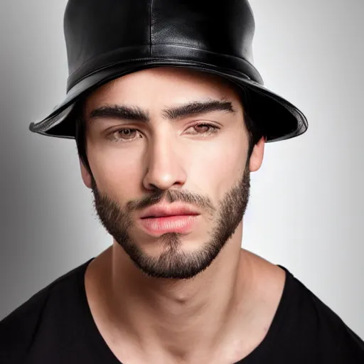 Image similar to a male model wearing a black leather hat, frontal view, cool looking