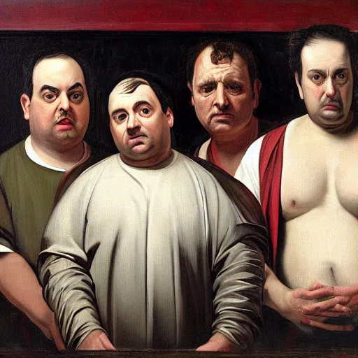 Prompt: Rich Evans, Mike Stoklasa, Jay Bauman, Red Letter Media, Caravaggio painting, depressed middle-aged men