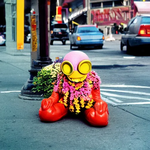 Prompt: colourful, friendly, happy, flowery, existential alien from the movie alien at a bus stop in new york, 3 5 mm lens.