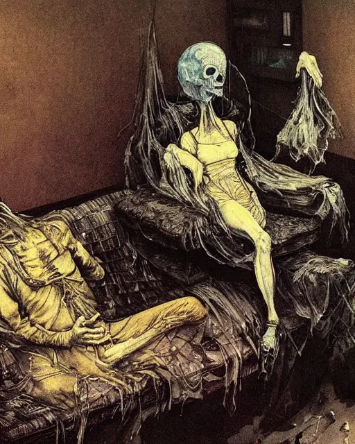 Prompt: an old dead couple sitting on a couch in a messy living room in an old apartment watching the televison on fire,  Francisco Goya painting, part by Beksiński and EdvardMunch. art by Takato Yamamoto and Peter Mohrbacher, Francis Bacon masterpiece