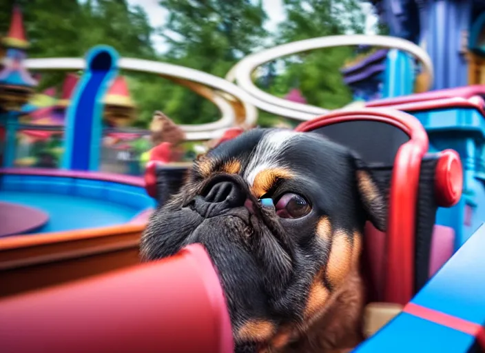 Image similar to film still of a dog riding a roller coaster in disneyland paris, 8 k