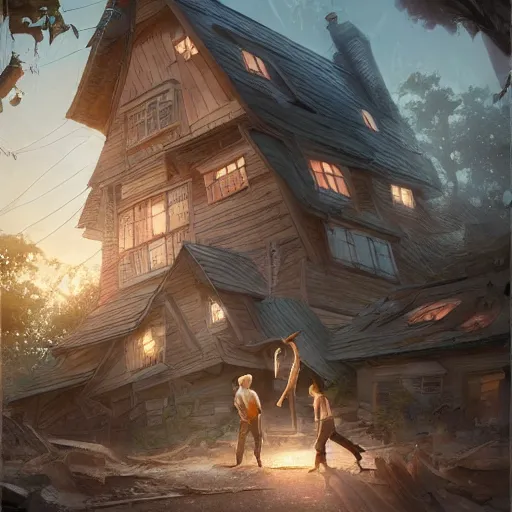 Image similar to two husbands leave each other inside a big wooden broken house by Stanley Artgerm Lau, WLOP, Rossdraws, James Jean, Andrei Riabovitchev, Marc Simonetti, Yoshitaka Amano, ArtStation, CGSociety, highly detaild 4K, cinematic style, studio light