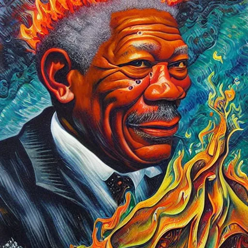 Prompt: morgan freeman as anthropomorphic god of fire, surreal by dan mumford and umberto boccioni, oil on canvas