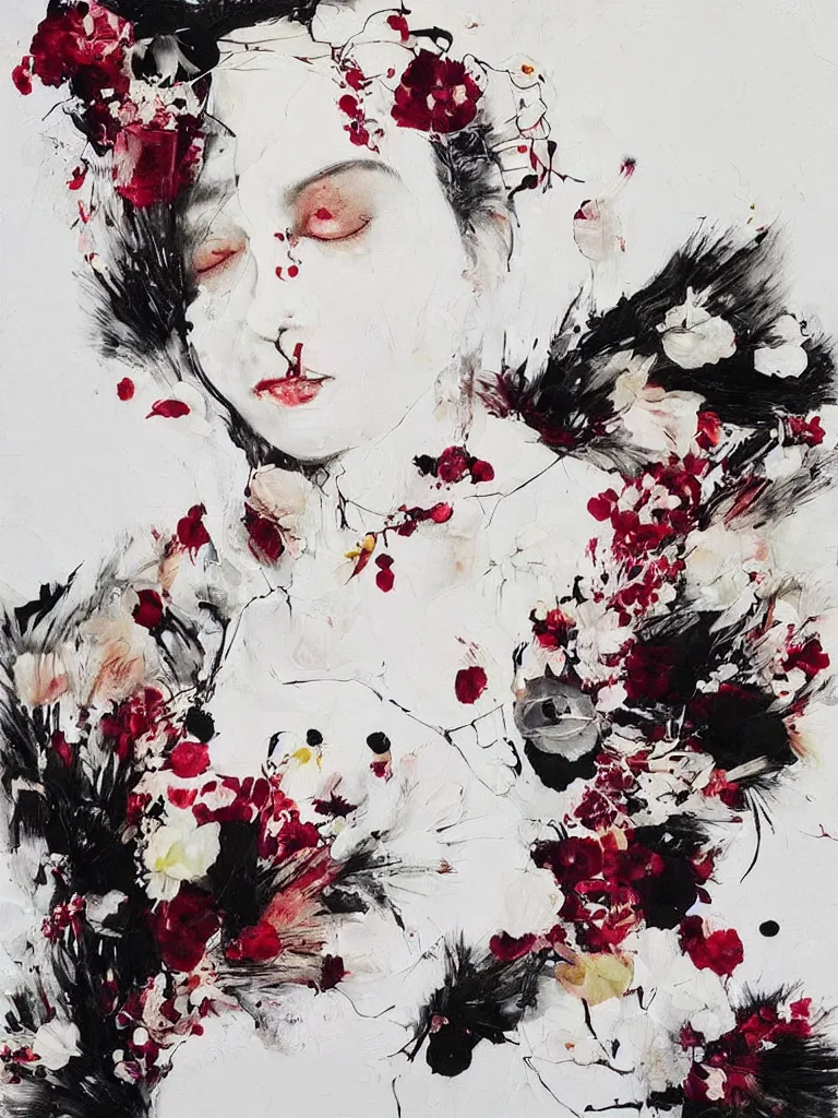 Image similar to “art in an Australian artist’s apartment, portrait of a woman wearing white cotton cloth, stained with fresh berries and maple syrup, white wax, edible flowers, Japanese pottery, ikebana, black walls, acrylic and spray paint and oilstick on canvas”