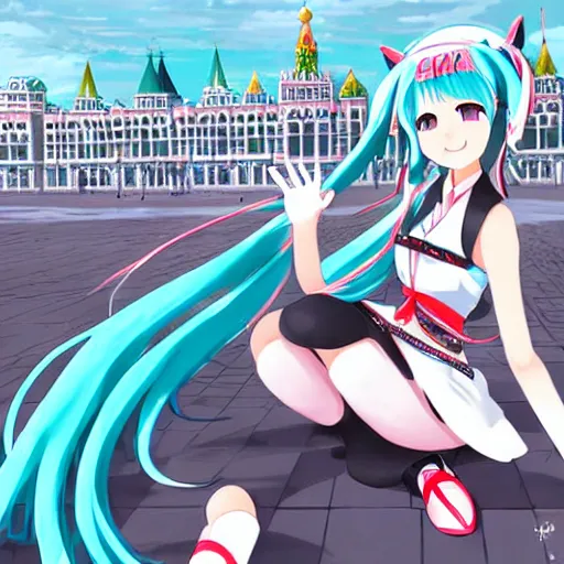 Prompt: hatsune miku on the moscow red square, high detailed anime art, trending on pixiv