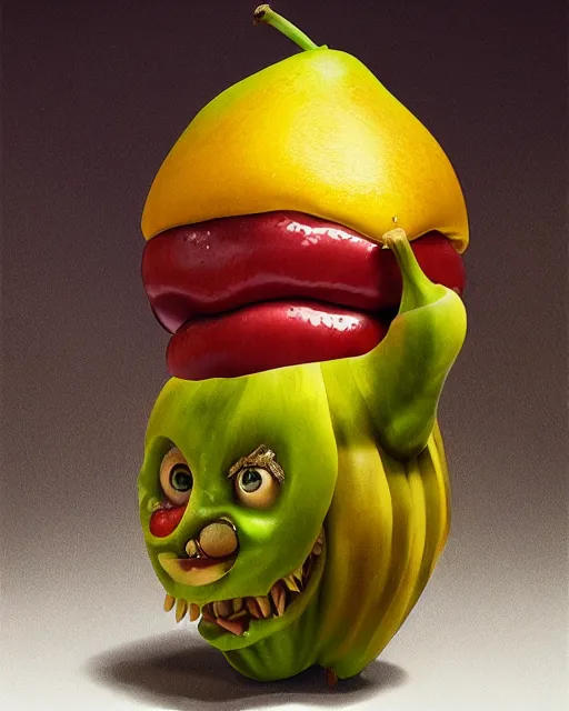 Prompt: a fruit figurine monster, apple head, banana hair, surrealist oil painting, highly detailed, dramatic lighting, hyperrealistic, 8 k, artstation, cgsociety