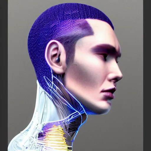 Prompt: a beautiful portrait of a young bionic male cyborg, cyberpunk, intricate wiring, perfectly clean translucent skin, perfect proportions, electronic components, augmented vision, volumetric light, photography, color, intricate, extremely detailed, hyperrealistic, color pencil drawing, trending on artstation