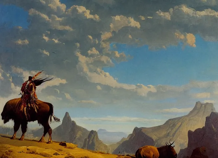 Image similar to beautiful native american riding bison, buffalo, powerful native american warrior, mountain range, beautiful sky, standing on the edge of a cliff, nineteenth century, painted by frazetta